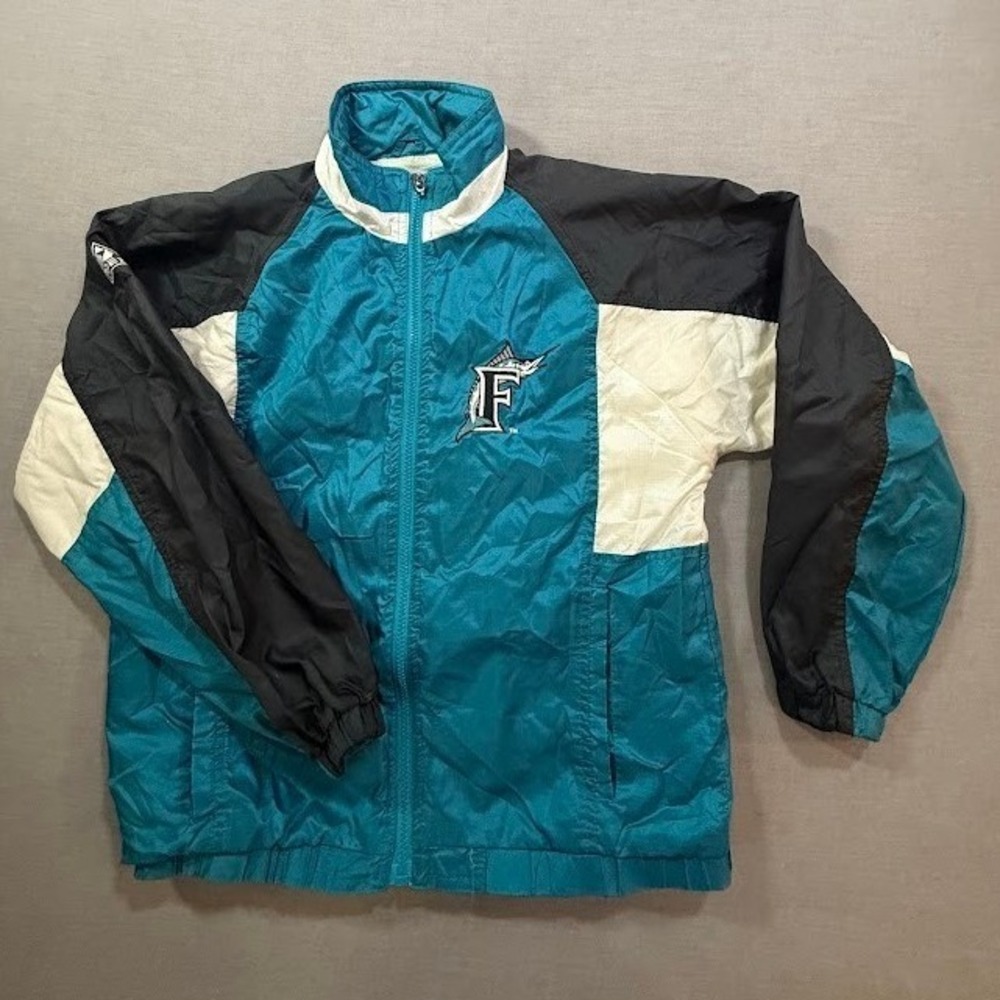 Vintage Florida Marlins Apex One Baseball Jacket‎ Blue Youth L/G Windbreaker.